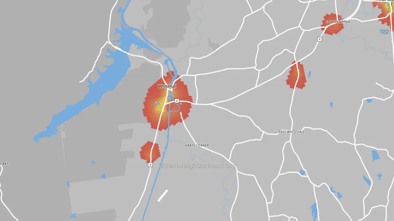 Walk Grade map of Whitehall, NY, walkable areas in green and car-dependent areas in red