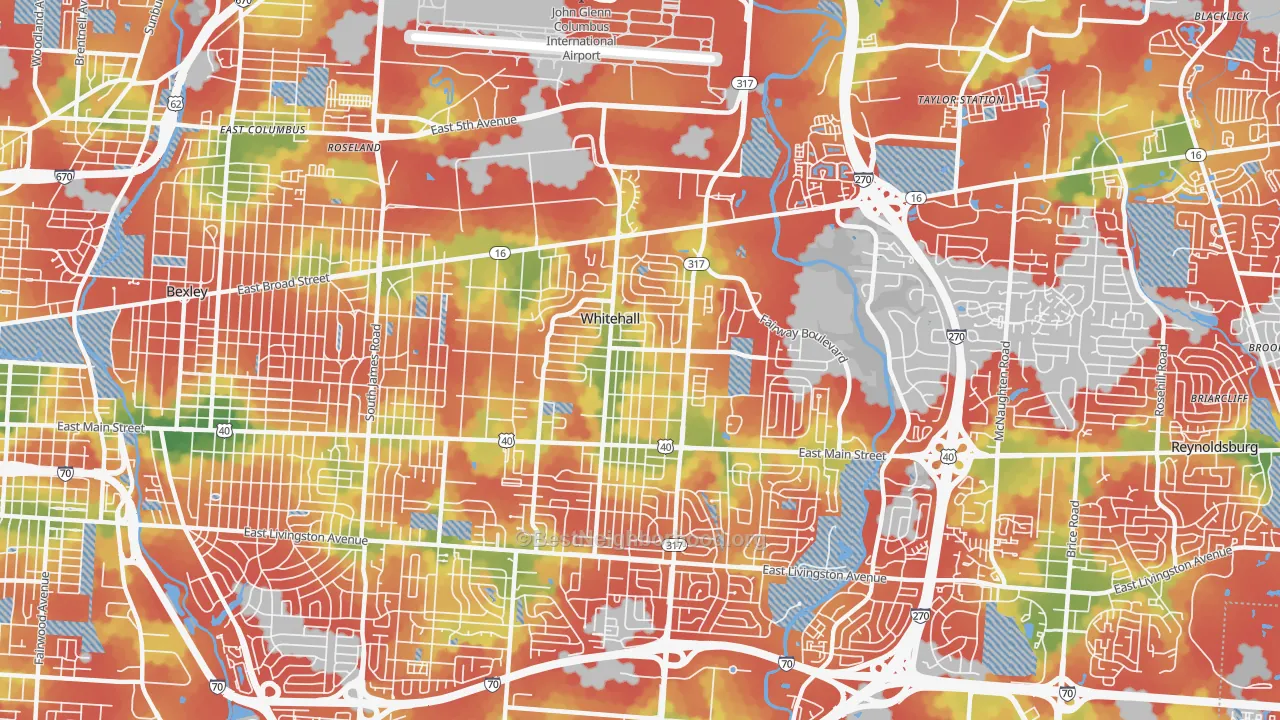 Walk Grade map of Whitehall, OH, walkable areas in green and car-dependent areas in red