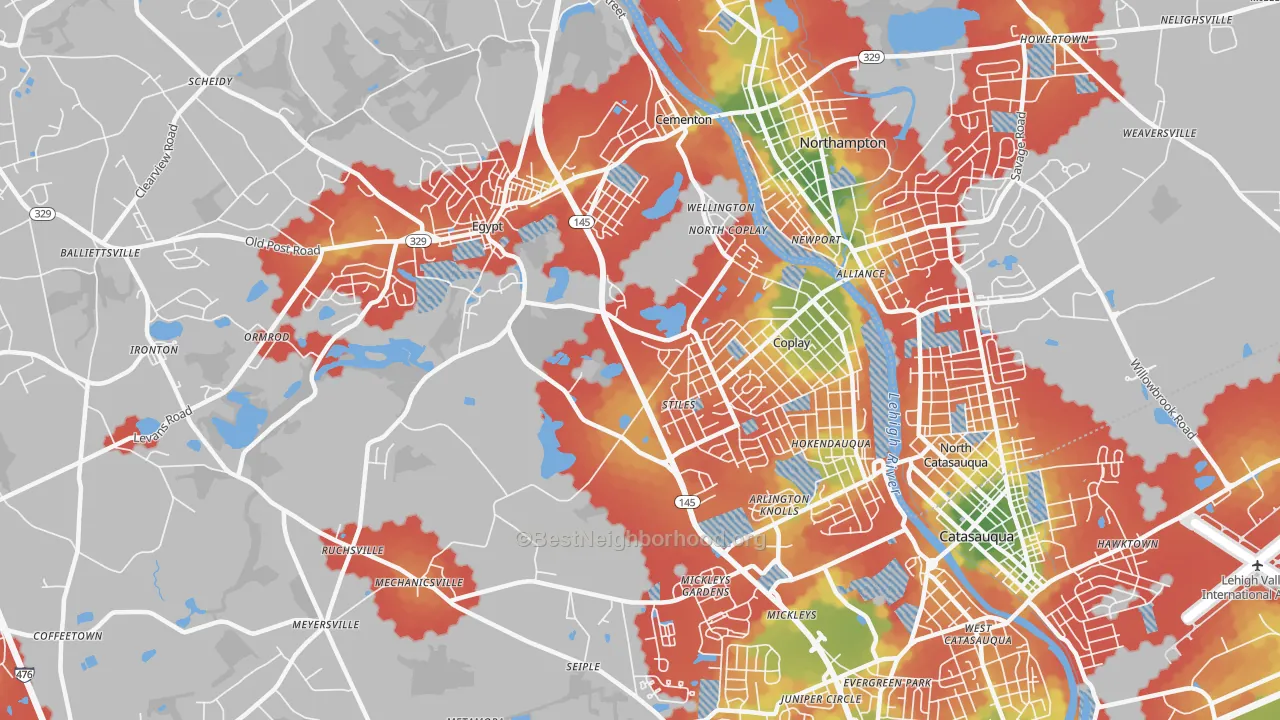 Walk Grade map of Whitehall, PA, walkable areas in green and car-dependent areas in red