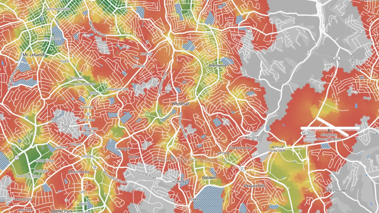 Walk Grade map of whitehall, Pittsburgh, PA, walkable areas in green and car-dependent areas in red