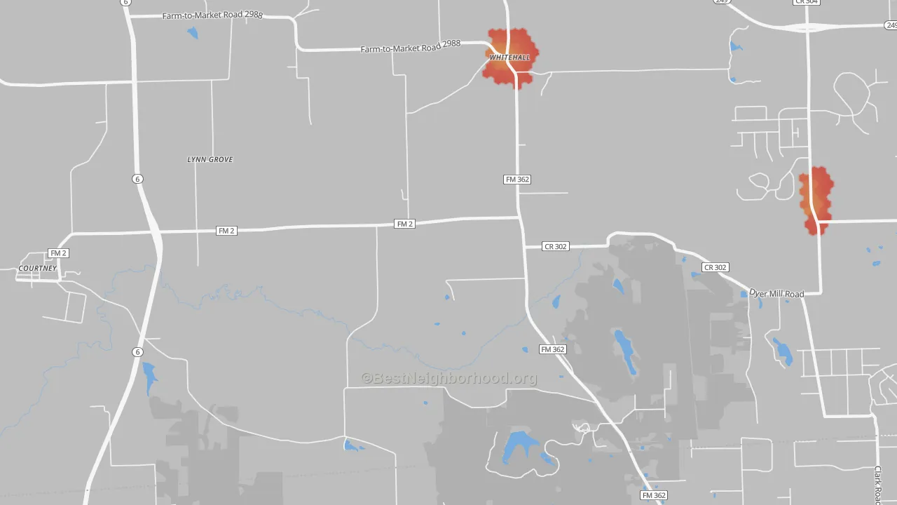 Walk Grade map of Whitehall, TX, walkable areas in green and car-dependent areas in red