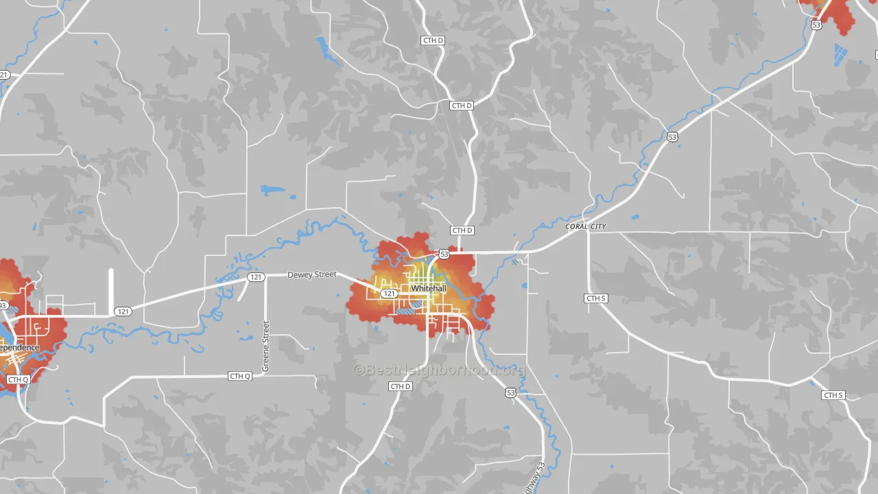 Walk Grade map of Whitehall, WI, walkable areas in green and car-dependent areas in red