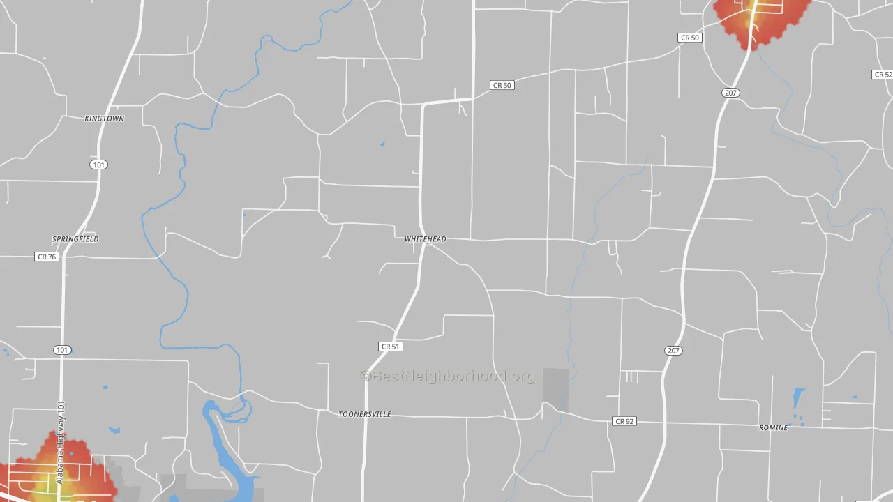 Walk Grade map of Whitehead, AL, walkable areas in green and car-dependent areas in red