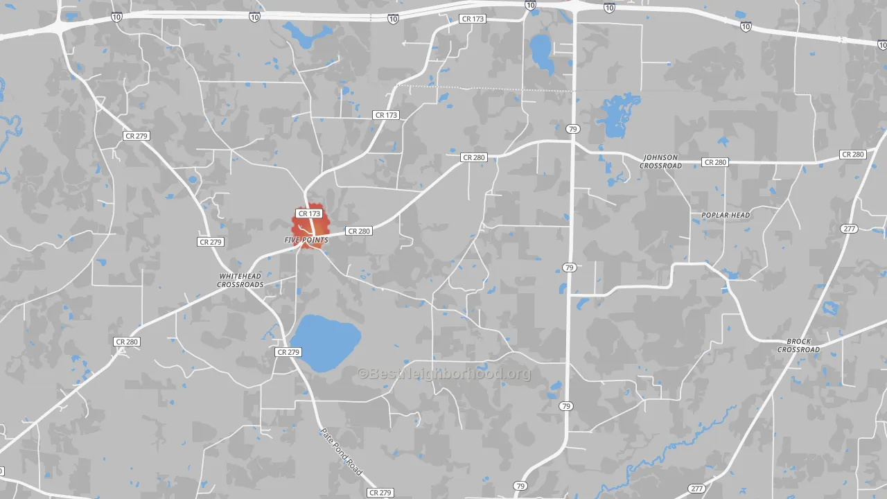 Walk Grade map of Whitehead Crossroads, FL, walkable areas in green and car-dependent areas in red