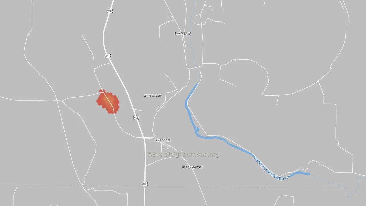 Walk Grade map of Whitehead, MS, walkable areas in green and car-dependent areas in red