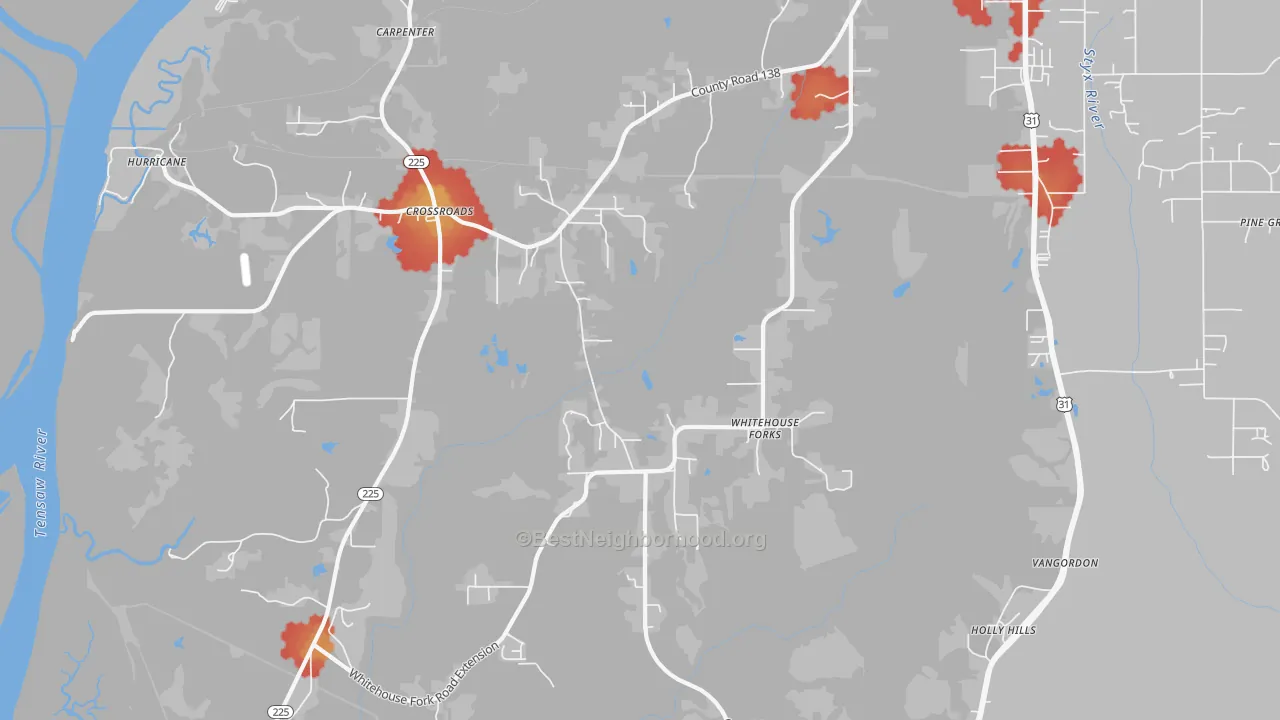 Walk Grade map of Whitehouse Forks, AL, walkable areas in green and car-dependent areas in red