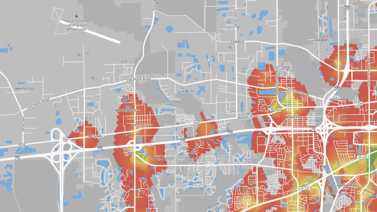 Walk Grade map of Whitehouse, Jacksonville, FL, walkable areas in green and car-dependent areas in red