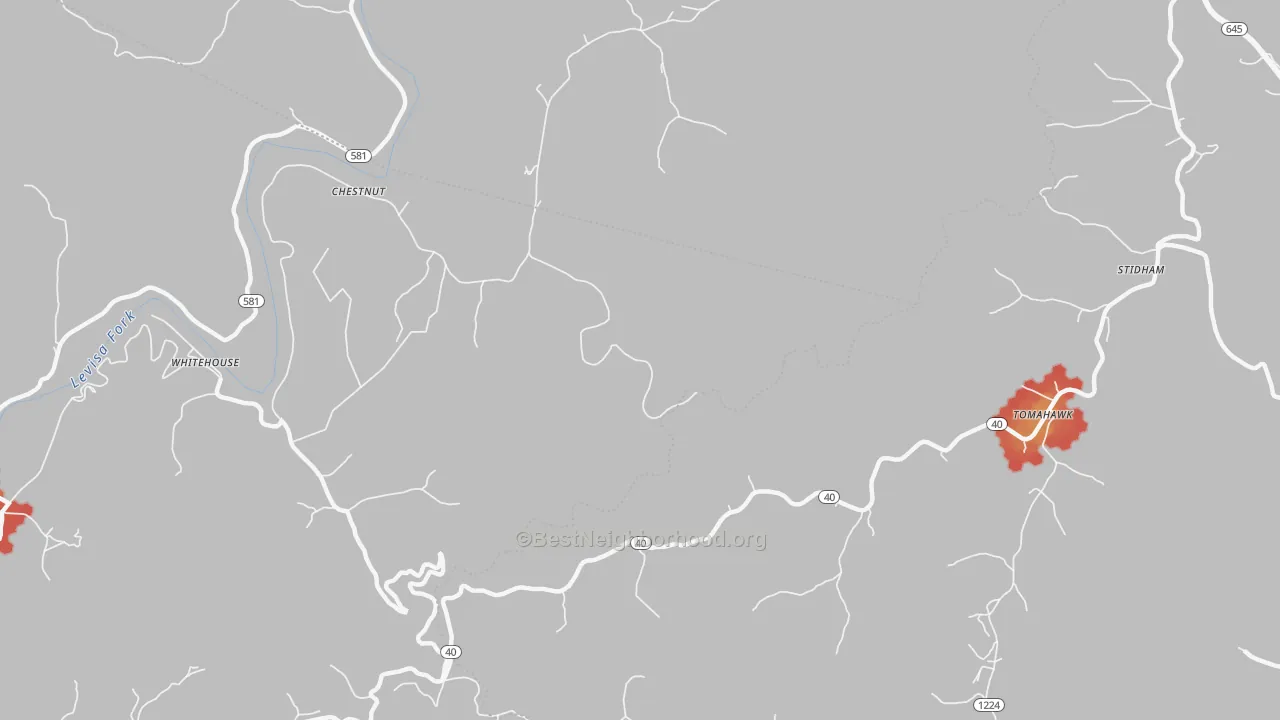Walk Grade map of Whitehouse, KY, walkable areas in green and car-dependent areas in red