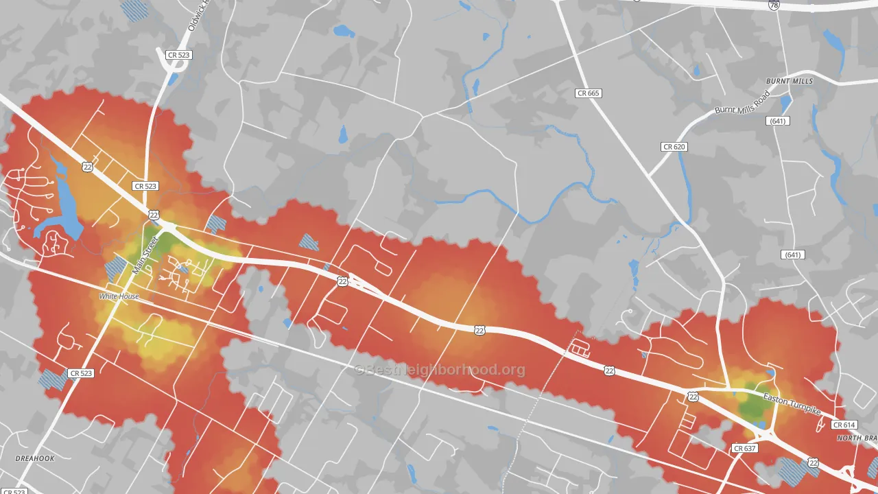 Walk Grade map of Whitehouse, NJ, walkable areas in green and car-dependent areas in red