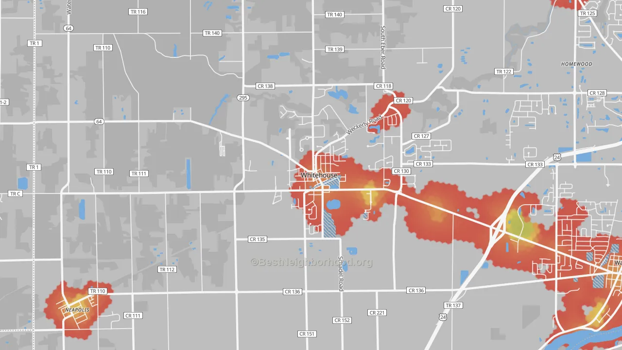 Walk Grade map of Whitehouse, OH, walkable areas in green and car-dependent areas in red