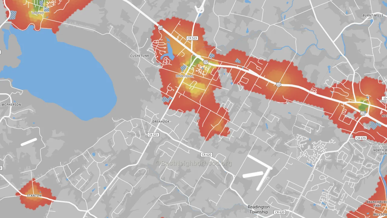 Walk Grade map of Whitehouse Station, NJ, walkable areas in green and car-dependent areas in red