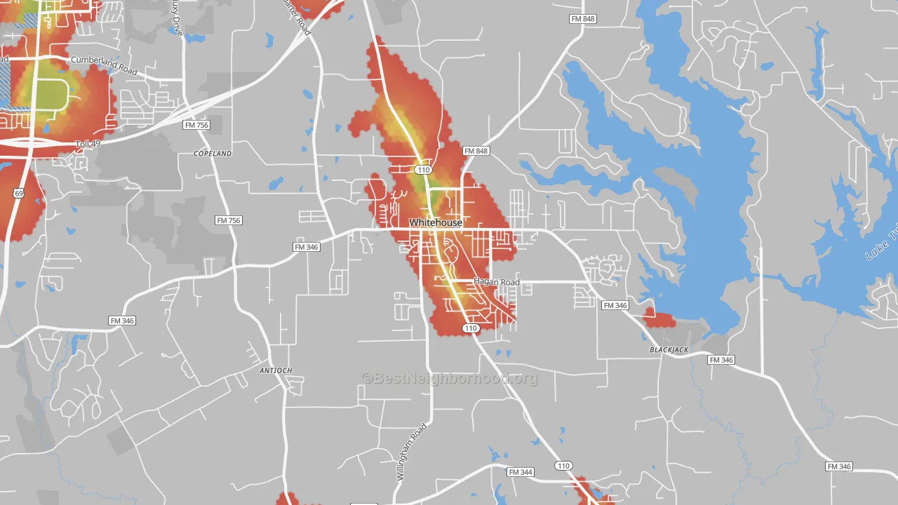 Walk Grade map of Whitehouse, TX, walkable areas in green and car-dependent areas in red