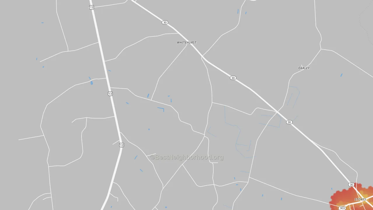 Walk Grade map of Whitehurst, NC, walkable areas in green and car-dependent areas in red