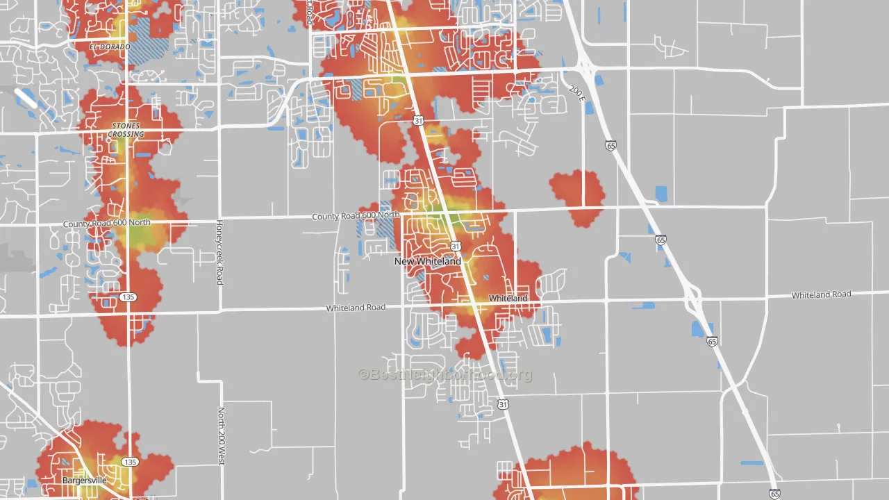 Walk Grade map of Whiteland, IN, walkable areas in green and car-dependent areas in red