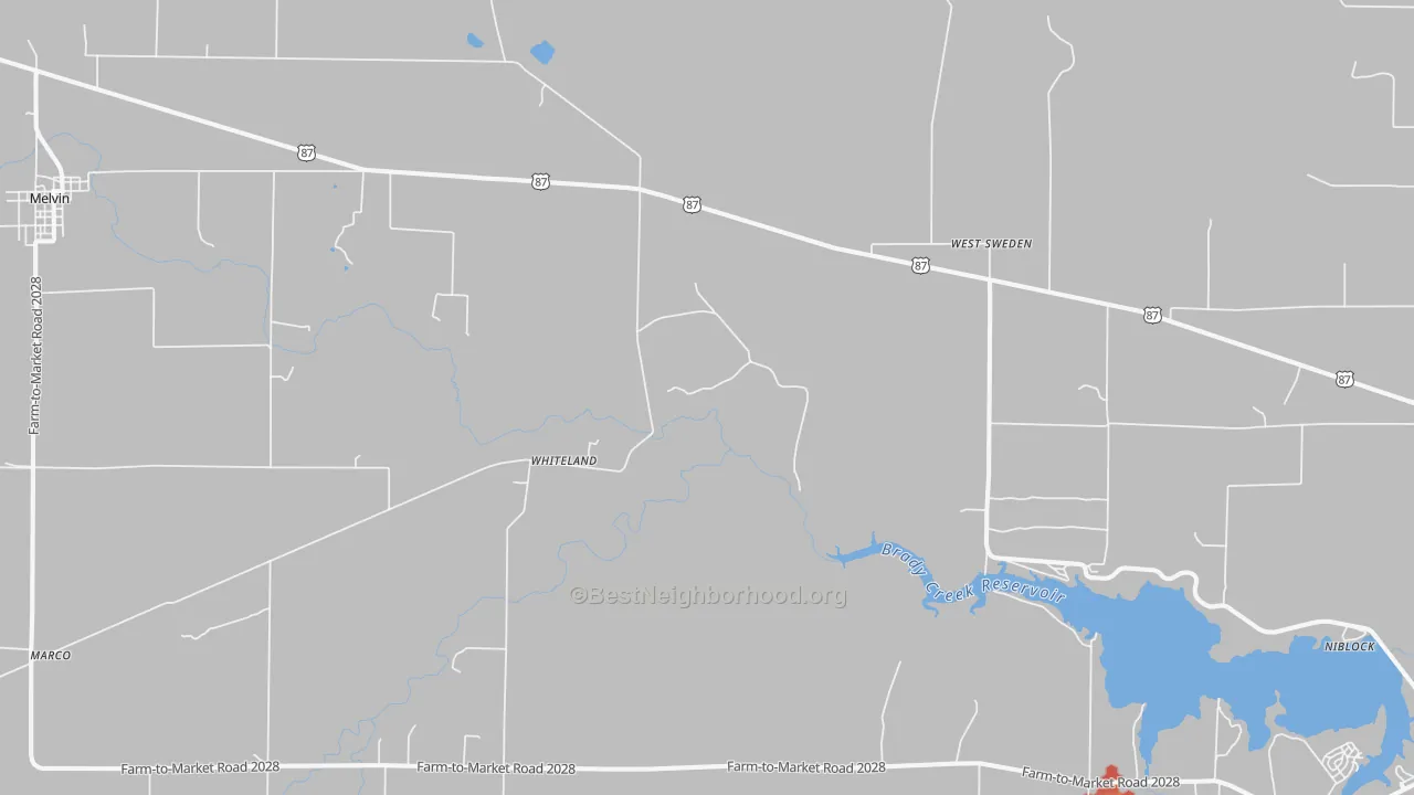 Walk Grade map of Whiteland, TX, walkable areas in green and car-dependent areas in red