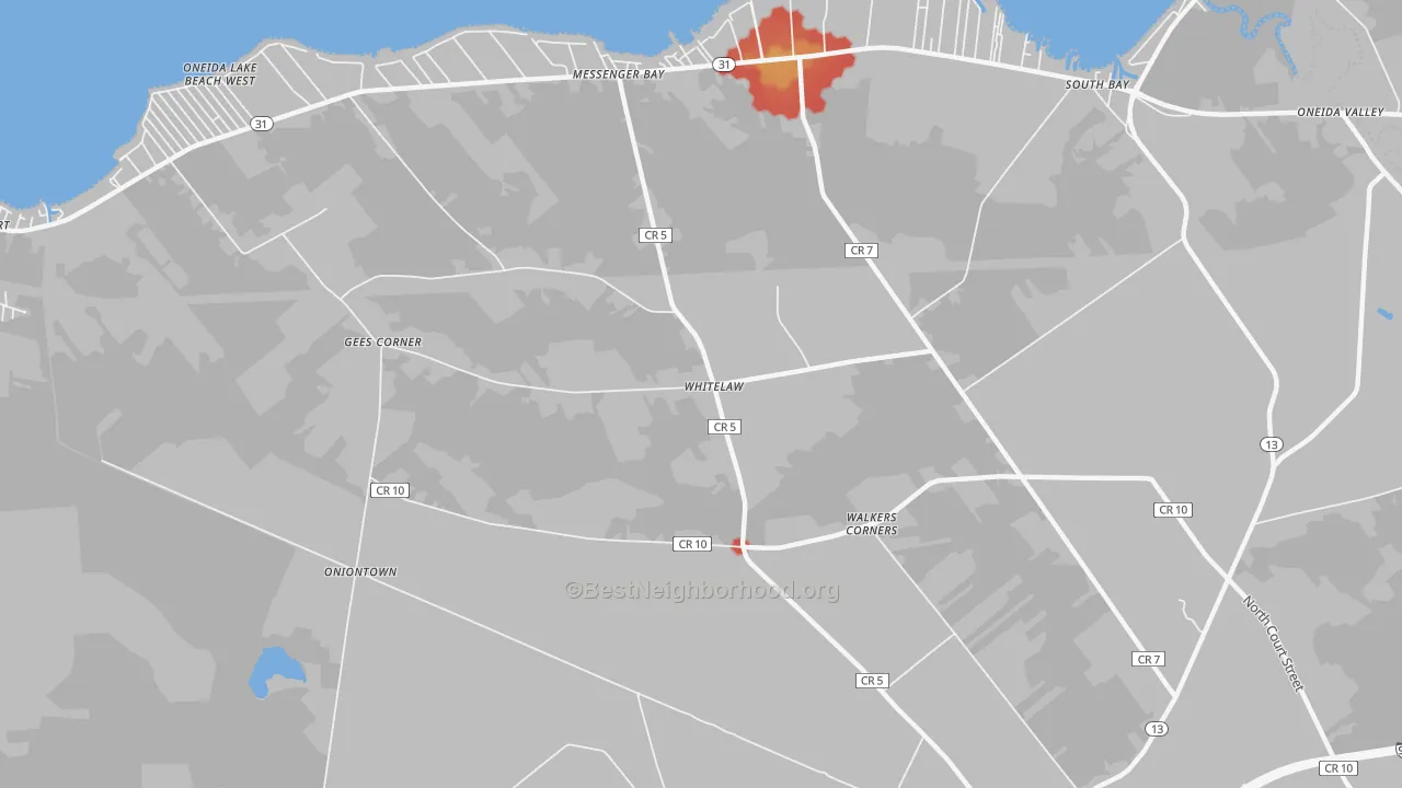 Walk Grade map of Whitelaw, NY, walkable areas in green and car-dependent areas in red
