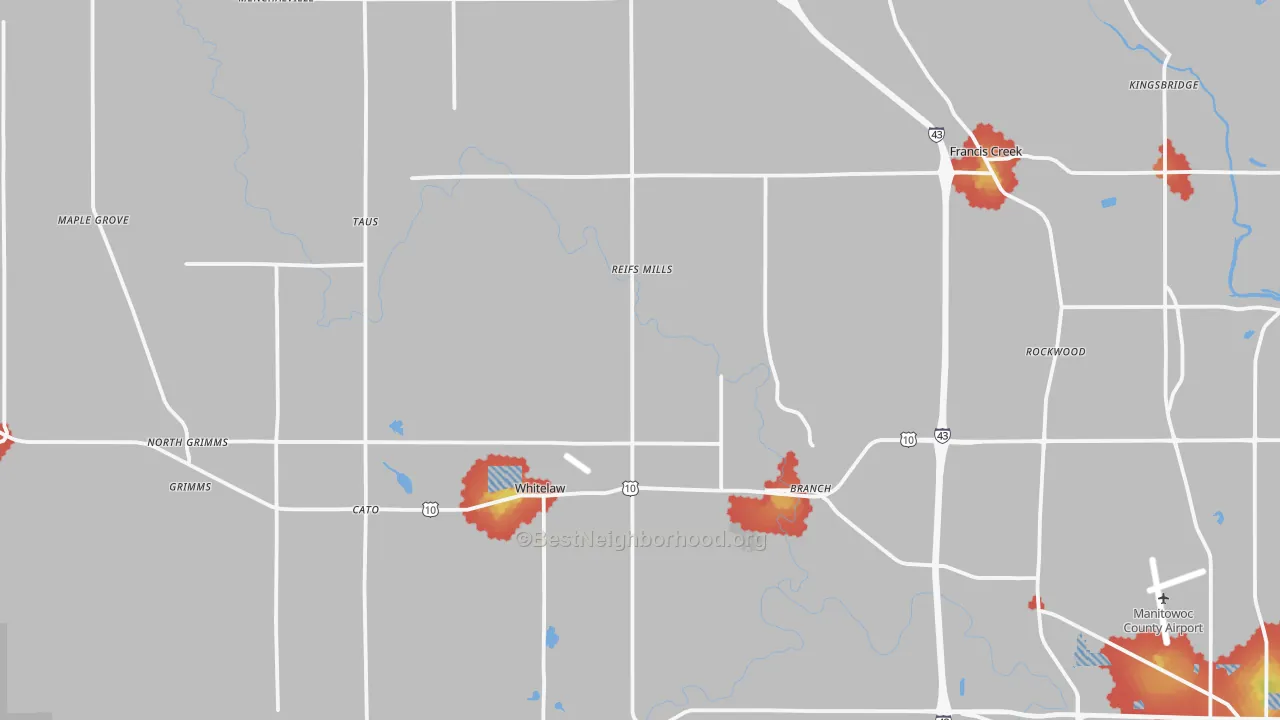 Walk Grade map of Whitelaw, WI, walkable areas in green and car-dependent areas in red