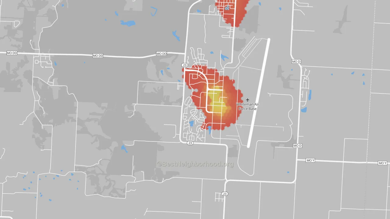 Walk Grade map of Whiteman AFB, MO, walkable areas in green and car-dependent areas in red