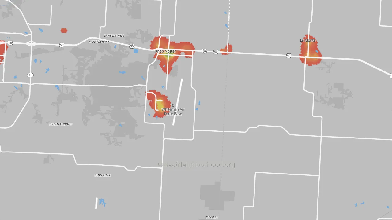 Walk Grade map of Whiteman Air Force Base, MO, walkable areas in green and car-dependent areas in red