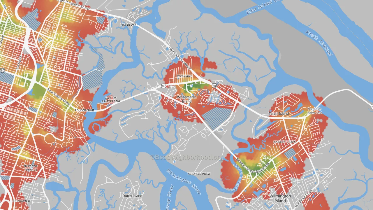 Walk Grade map of Whitemarsh Island, GA, walkable areas in green and car-dependent areas in red