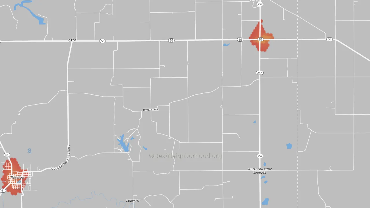 Walk Grade map of Whiteoak, IN, walkable areas in green and car-dependent areas in red