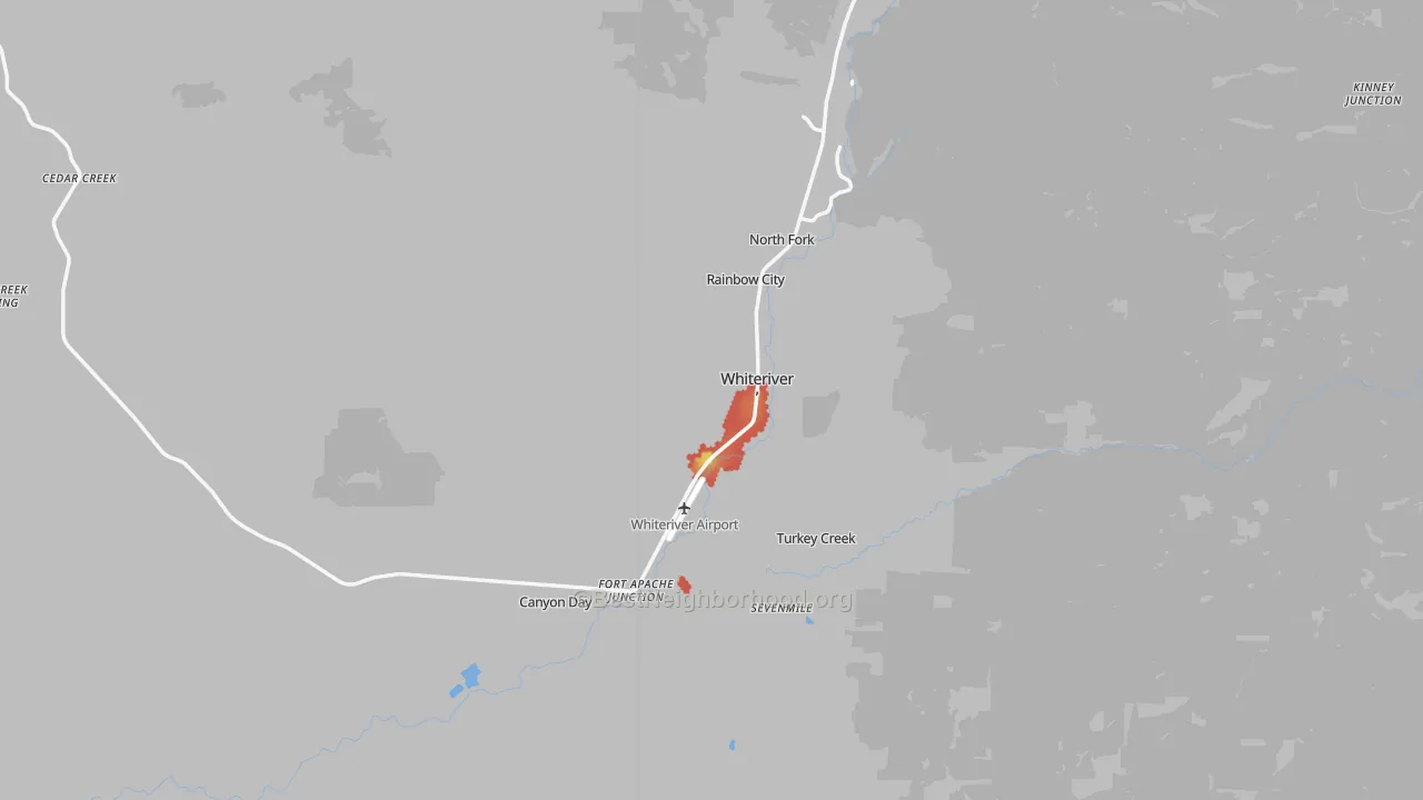 Walk Grade map of Whiteriver, AZ, walkable areas in green and car-dependent areas in red