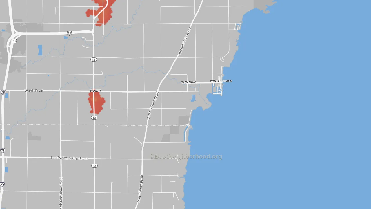 Walk Grade map of Whites Beach, MI, walkable areas in green and car-dependent areas in red
