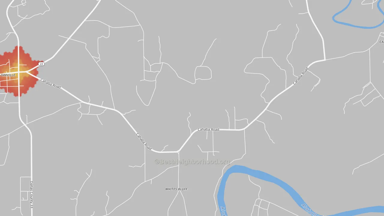 Walk Grade map of Whites Bluff, AL, walkable areas in green and car-dependent areas in red