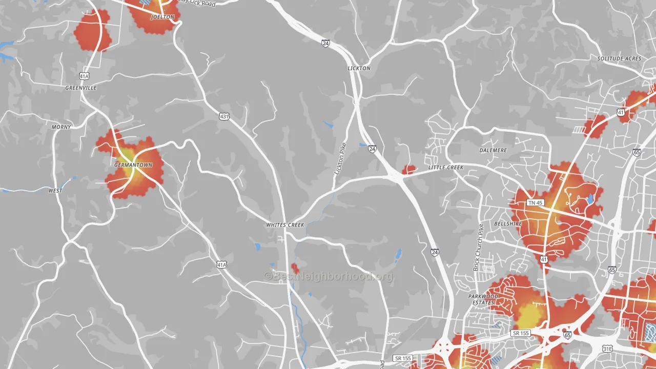 Walk Grade map of Whites Creek, TN, walkable areas in green and car-dependent areas in red