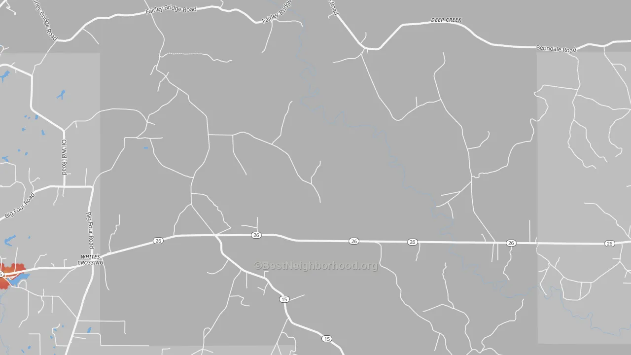 Walk Grade map of Whites Crossing, MS, walkable areas in green and car-dependent areas in red