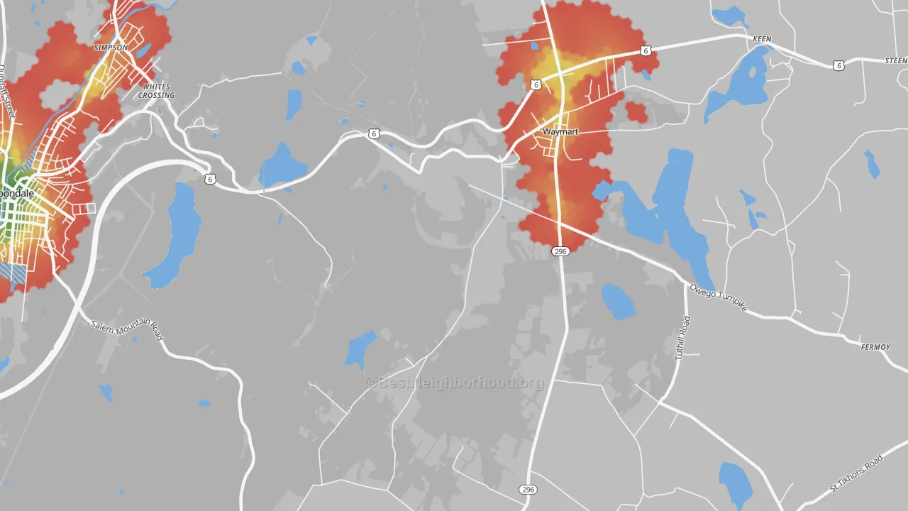 Walk Grade map of Whites Crossing, PA, walkable areas in green and car-dependent areas in red
