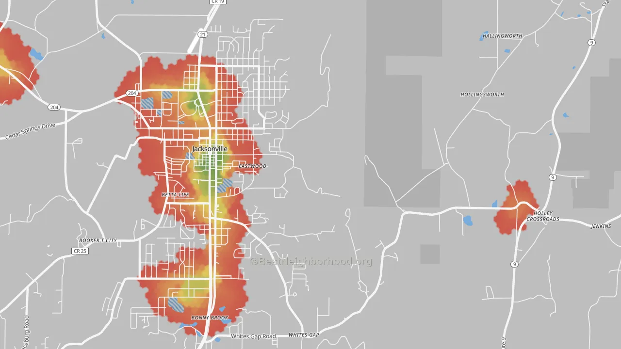 Walk Grade map of Whites Gap, AL, walkable areas in green and car-dependent areas in red