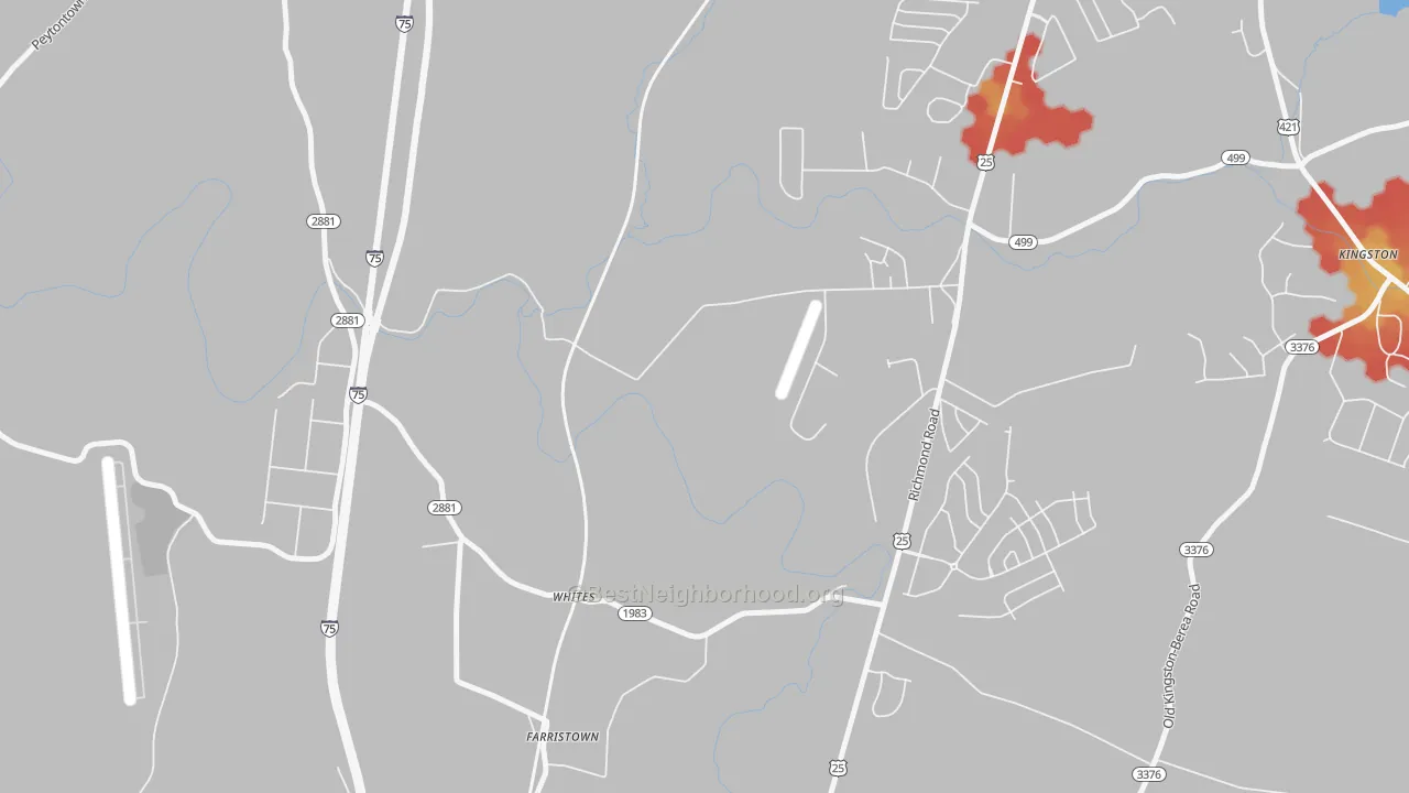 Walk Grade map of Whites, KY, walkable areas in green and car-dependent areas in red