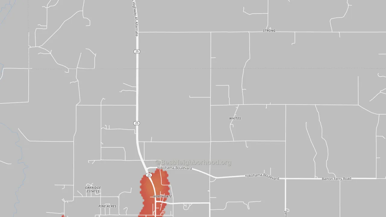 Walk Grade map of Whites, MS, walkable areas in green and car-dependent areas in red