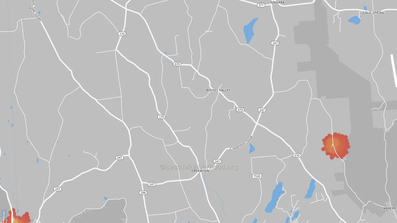 Walk Grade map of Whites Valley, PA, walkable areas in green and car-dependent areas in red