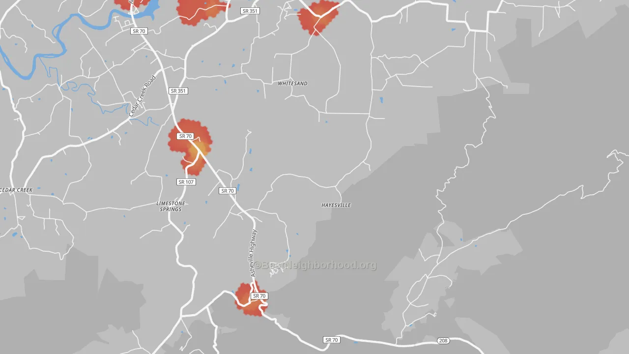 Walk Grade map of Whitesand, TN, walkable areas in green and car-dependent areas in red