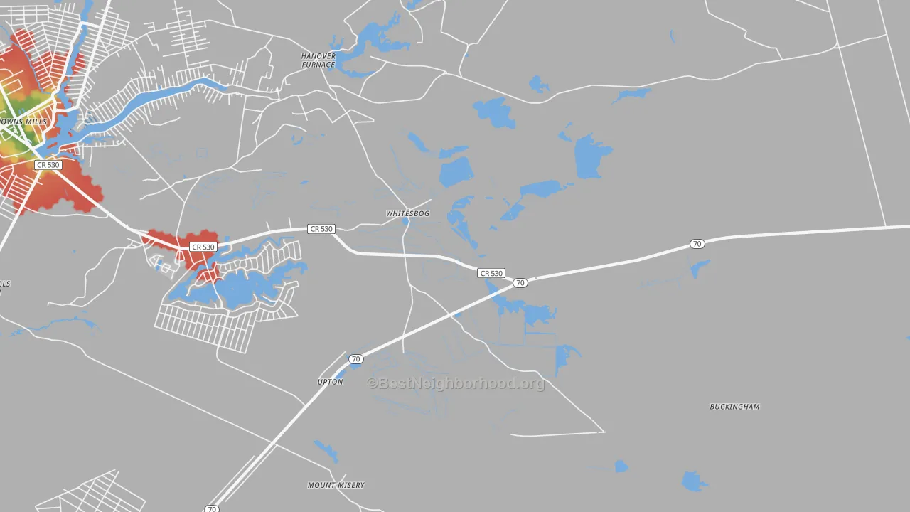 Walk Grade map of Whitesbog, NJ, walkable areas in green and car-dependent areas in red