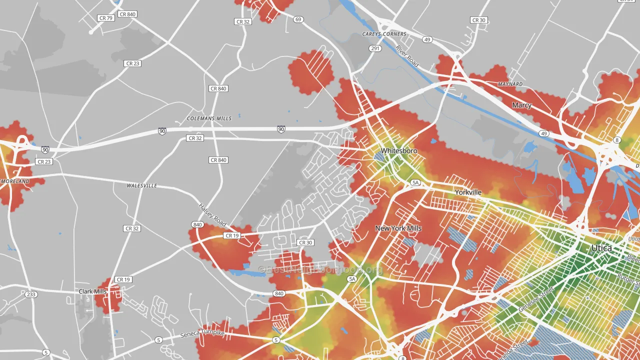 Walk Grade map of Whitesboro, NY, walkable areas in green and car-dependent areas in red