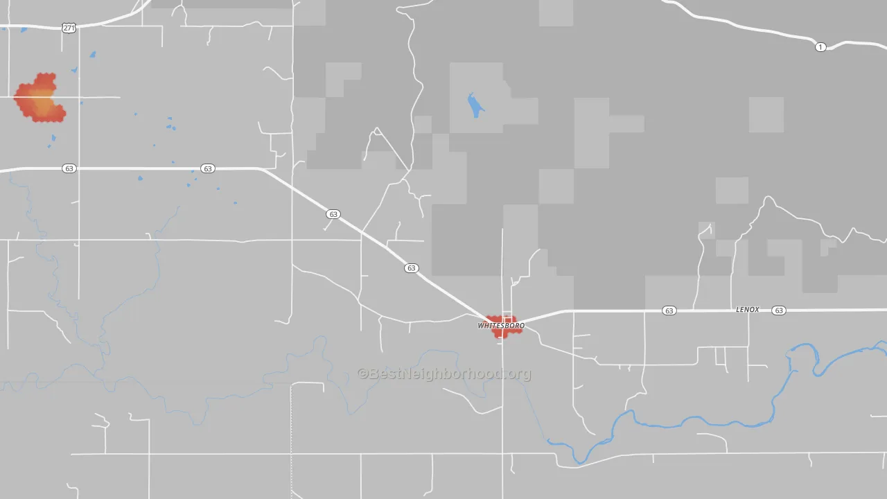 Walk Grade map of Whitesboro, OK, walkable areas in green and car-dependent areas in red