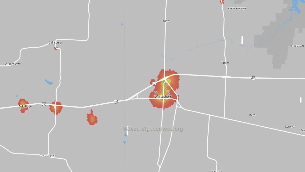 Walk Grade map of Whitesboro, TX, walkable areas in green and car-dependent areas in red