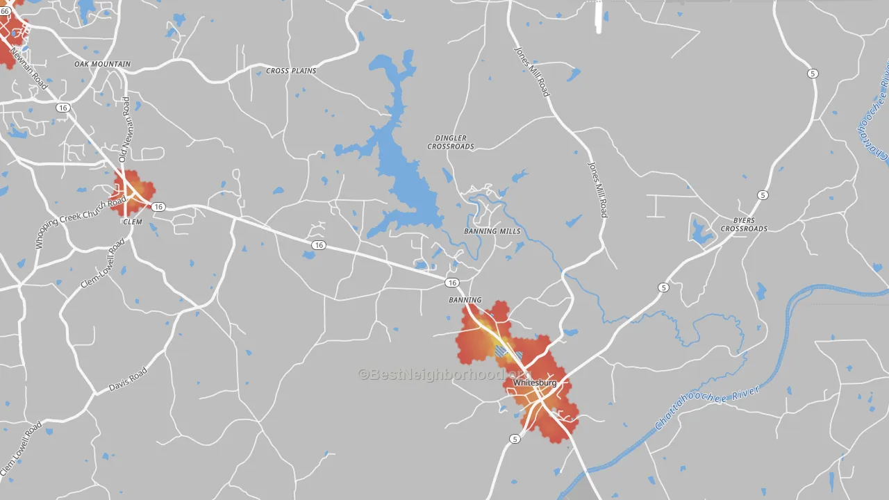 Walk Grade map of Whitesburg, GA, walkable areas in green and car-dependent areas in red