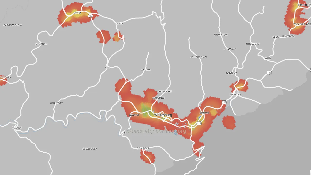 Walk Grade map of Whitesburg, KY, walkable areas in green and car-dependent areas in red