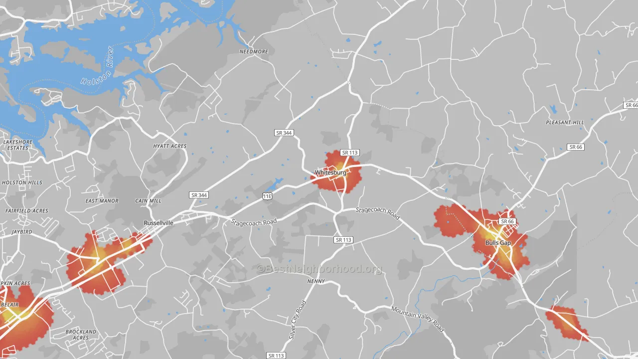 Walk Grade map of Whitesburg, TN, walkable areas in green and car-dependent areas in red