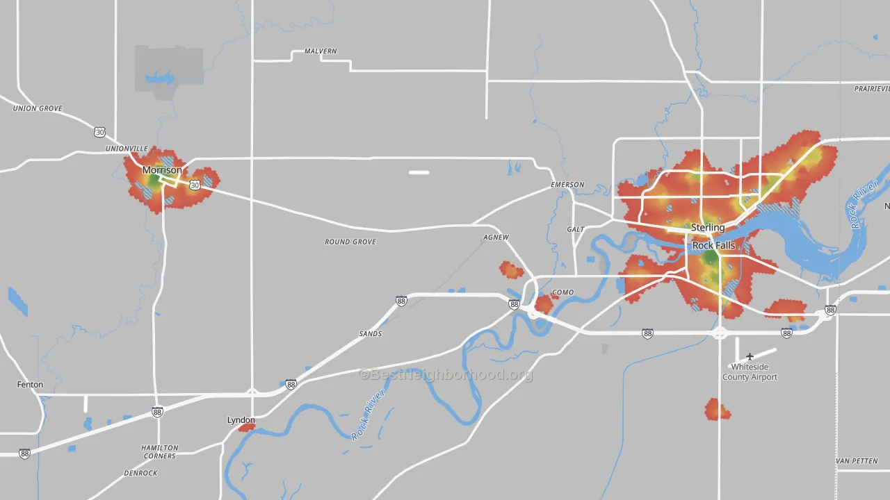 Walk Grade map of Whiteside County, IL, walkable areas in green and car-dependent areas in red