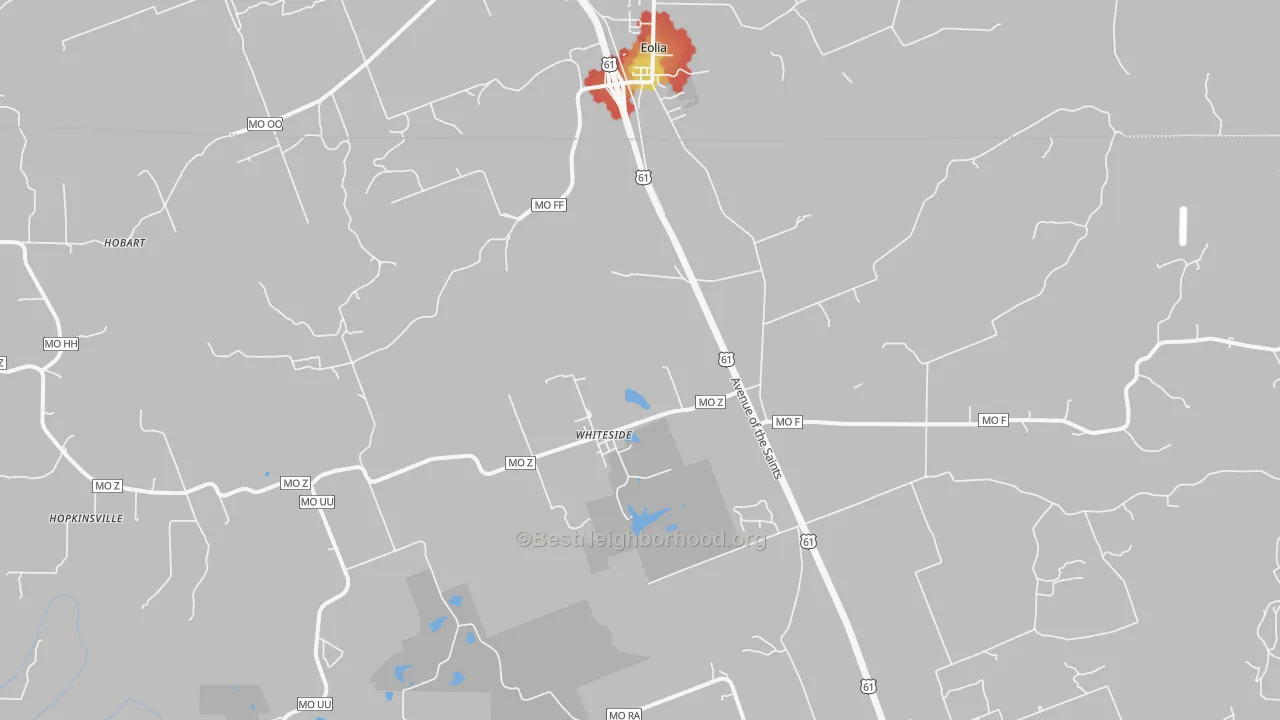 Walk Grade map of Whiteside, MO, walkable areas in green and car-dependent areas in red