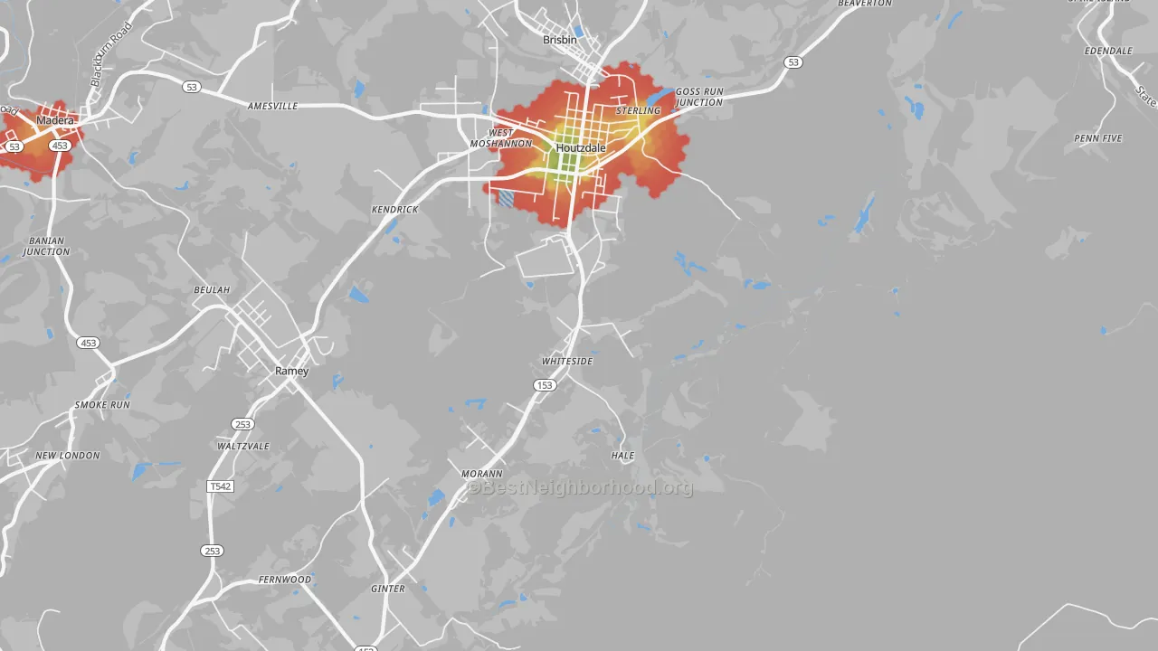 Walk Grade map of Whiteside, PA, walkable areas in green and car-dependent areas in red