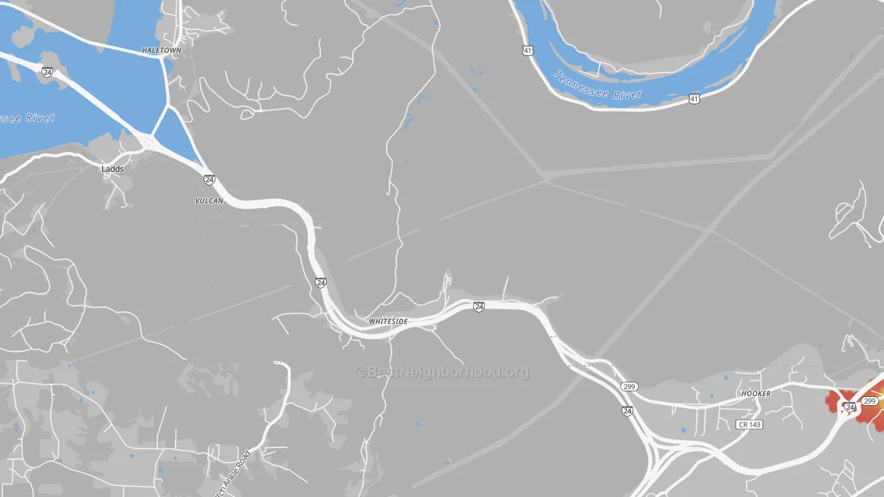 Walk Grade map of Whiteside, TN, walkable areas in green and car-dependent areas in red