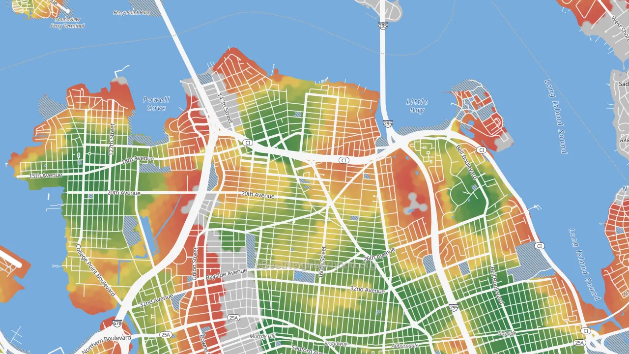 Walk Grade map of Whitestone, Queens, NY, walkable areas in green and car-dependent areas in red