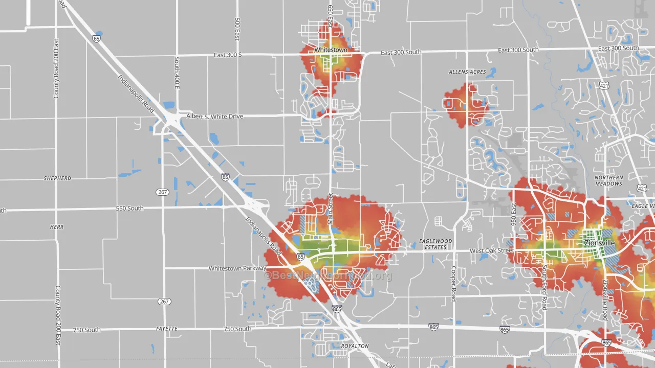 Walk Grade map of Whitestown, IN, walkable areas in green and car-dependent areas in red
