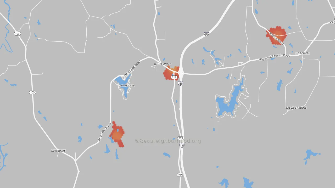 Walk Grade map of Whitesville, GA, walkable areas in green and car-dependent areas in red